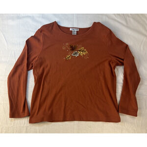VTG Bonnie Evans Embroidered Pullover Shirt Burnt Orange Grammy Cottage Core PXL